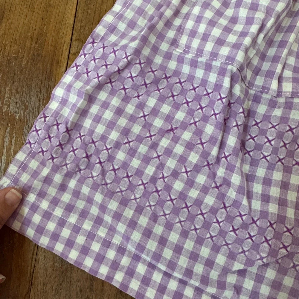 Vintage Purple Gingham Half Apron Hand Embroidered‎ Chicken Scratch Cross Stitch